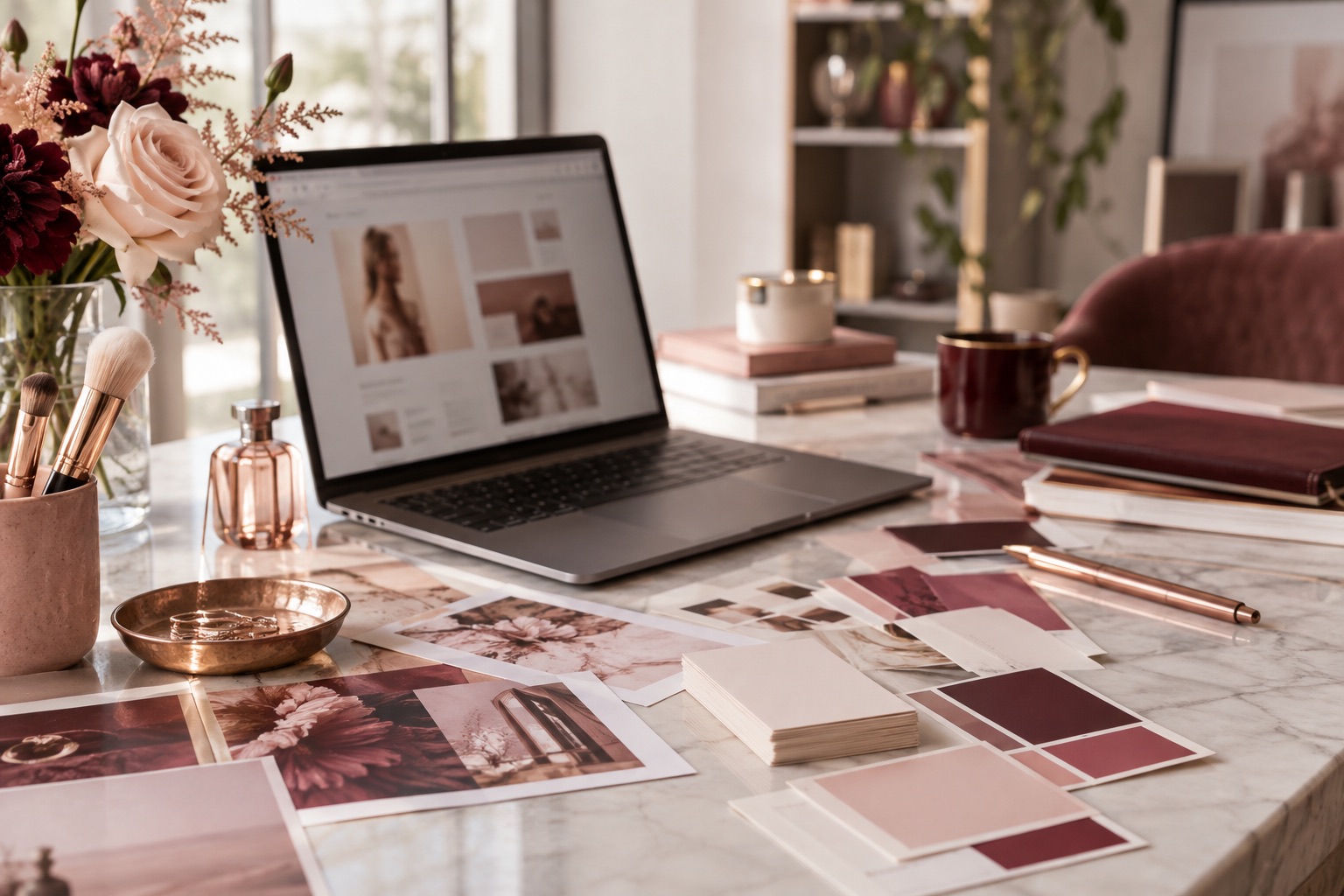 Laptop and coordinated blush and burgundy brand materials on a creative desk