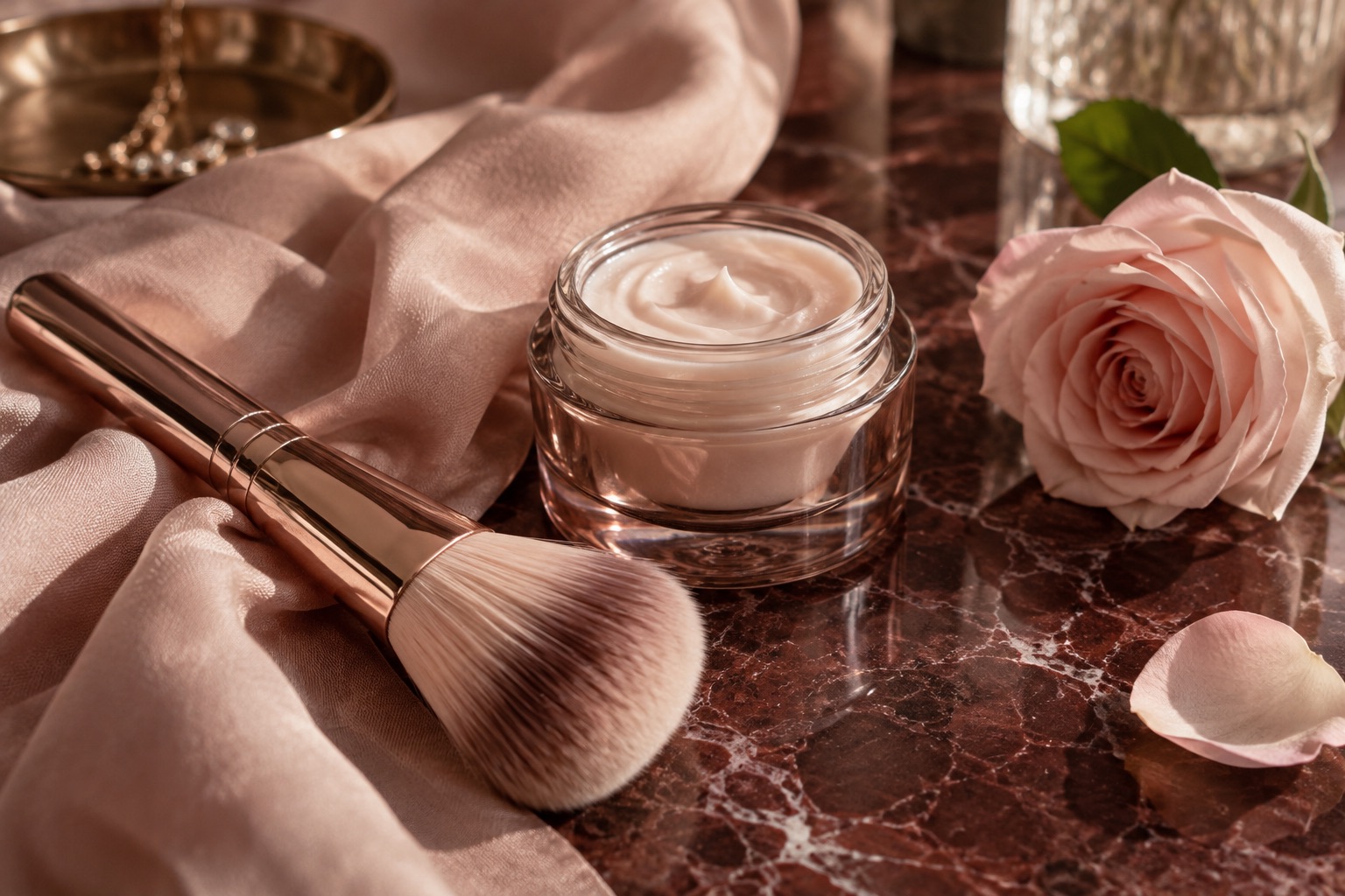 Skincare jar, makeup brush and pink rose arranged on burgundy marble
