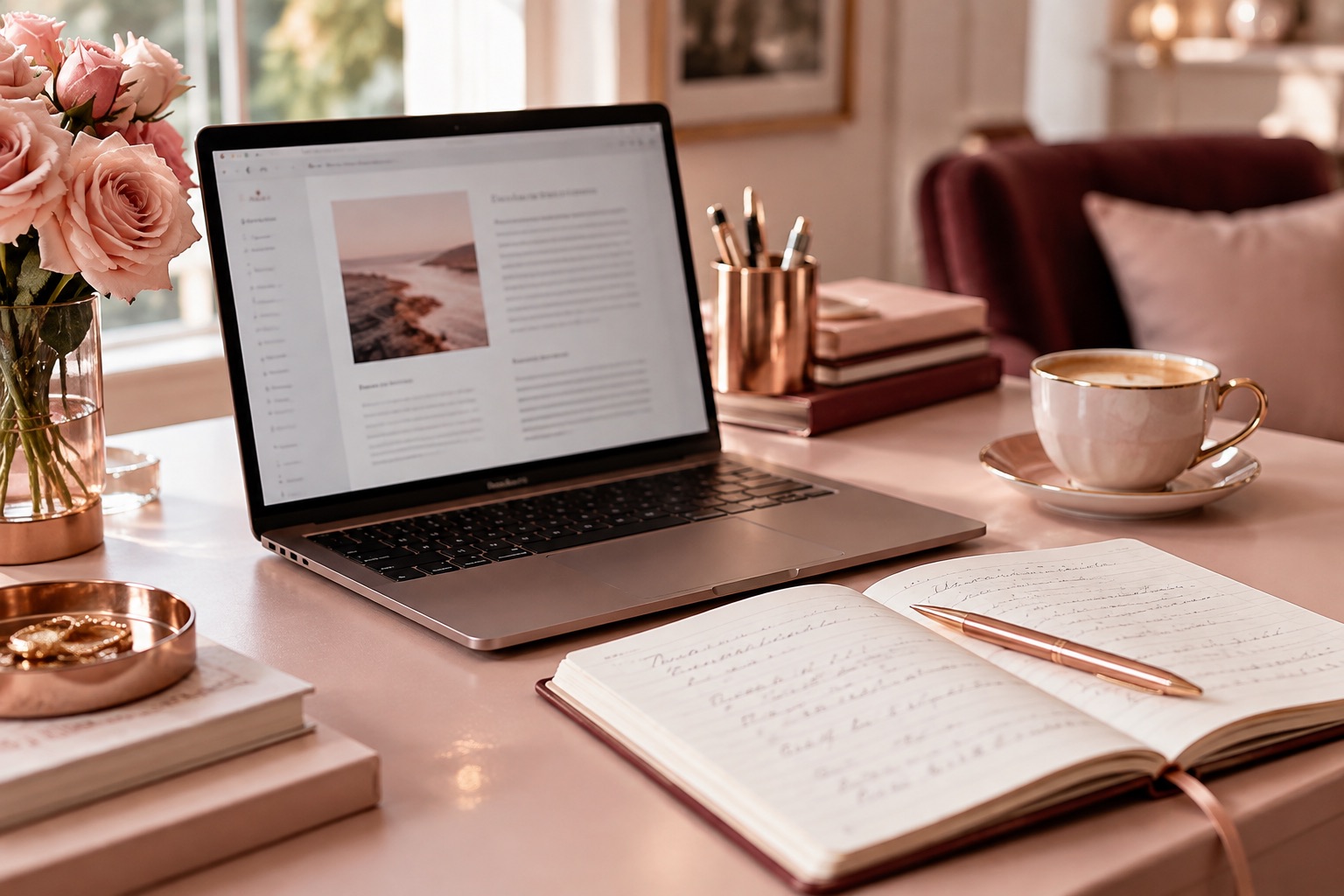 Newsletter writing workspace with laptop, notebook, roses and coffee
