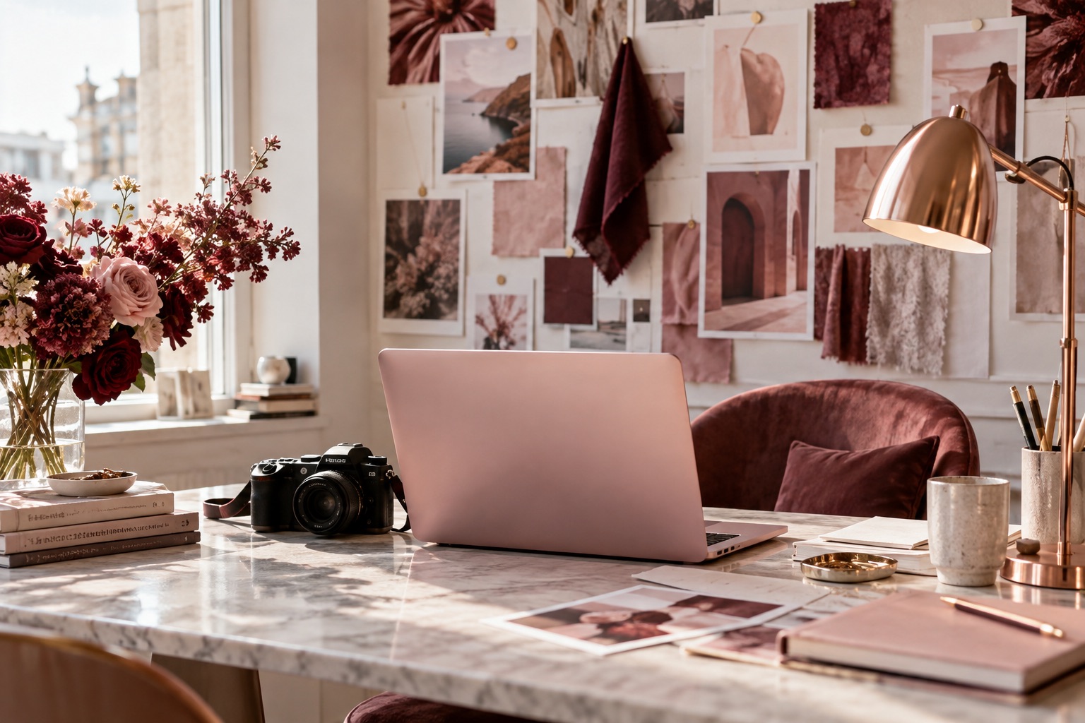 Personal branding workspace with camera, moodboard and rose gold lamp