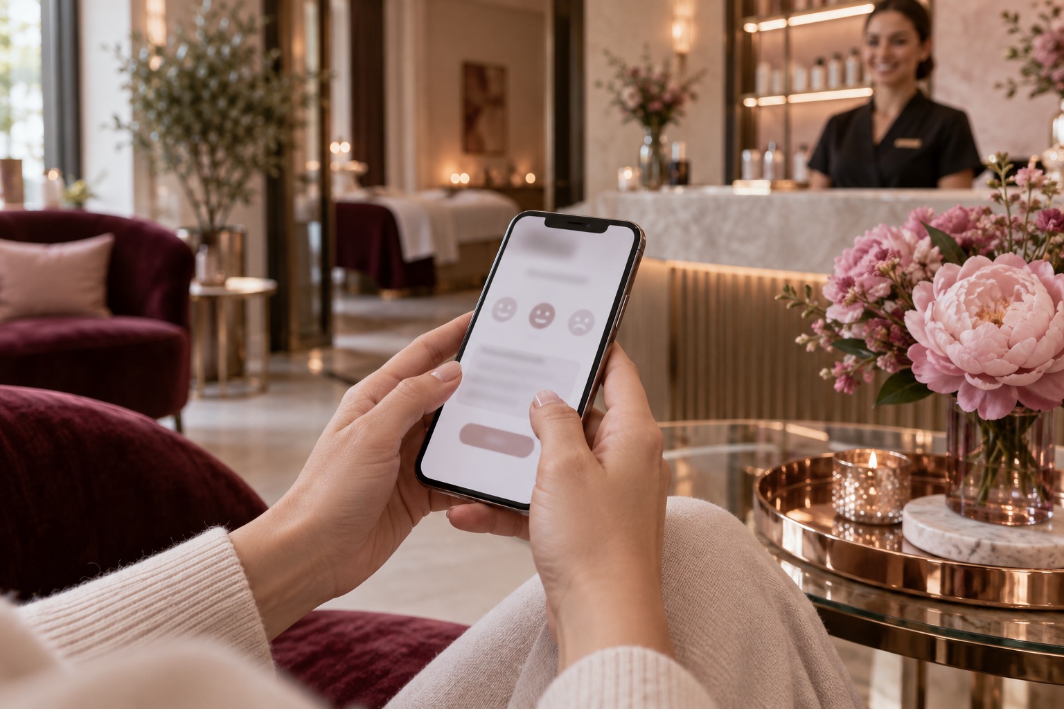 Hands holding a phone at a welcoming beauty reception