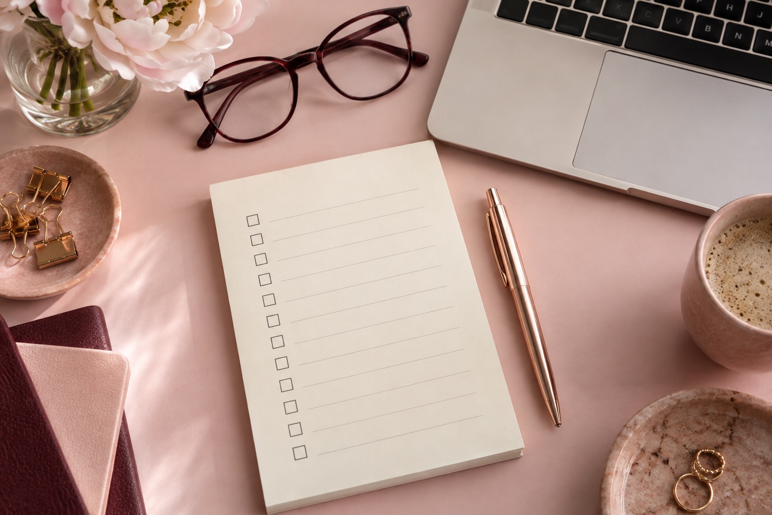 Checklist, rose gold pen, laptop and burgundy glasses on a pink desk